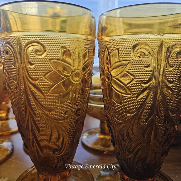 Vtg Indiana Sandwich Tiara Honey Amber Water Juice Glass Goblet Set Of 2 READ - Picture 14 of 14